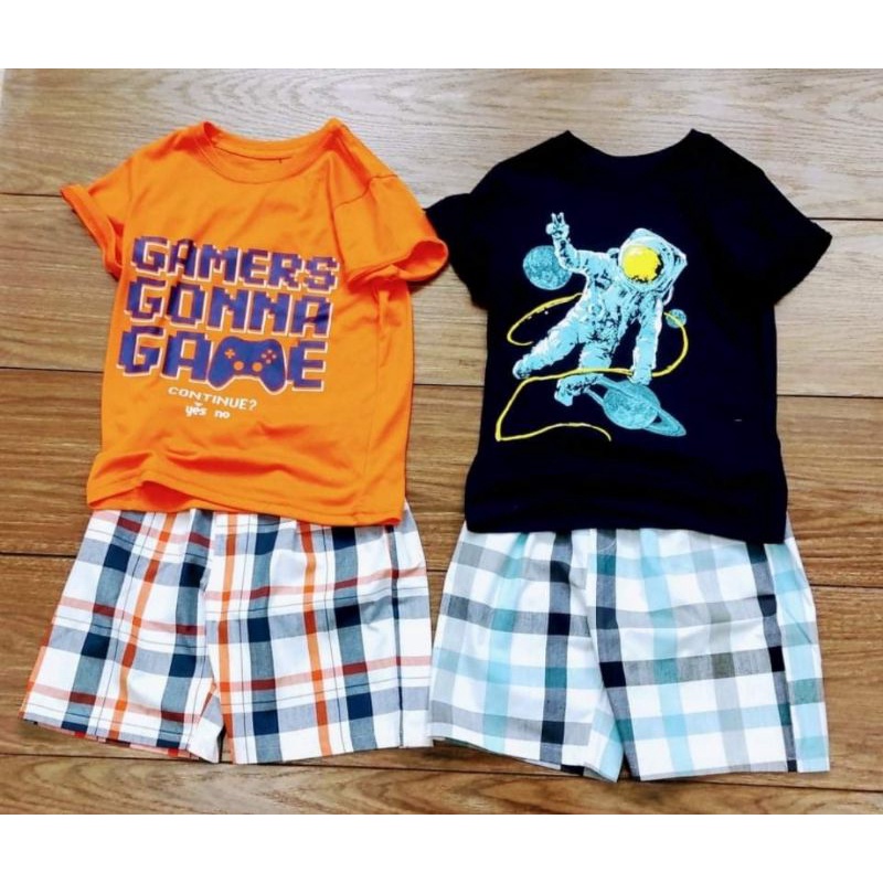 Bộ bé trai cộc tay size đại cotton xuất dư Gapkids quần kẻ sọc