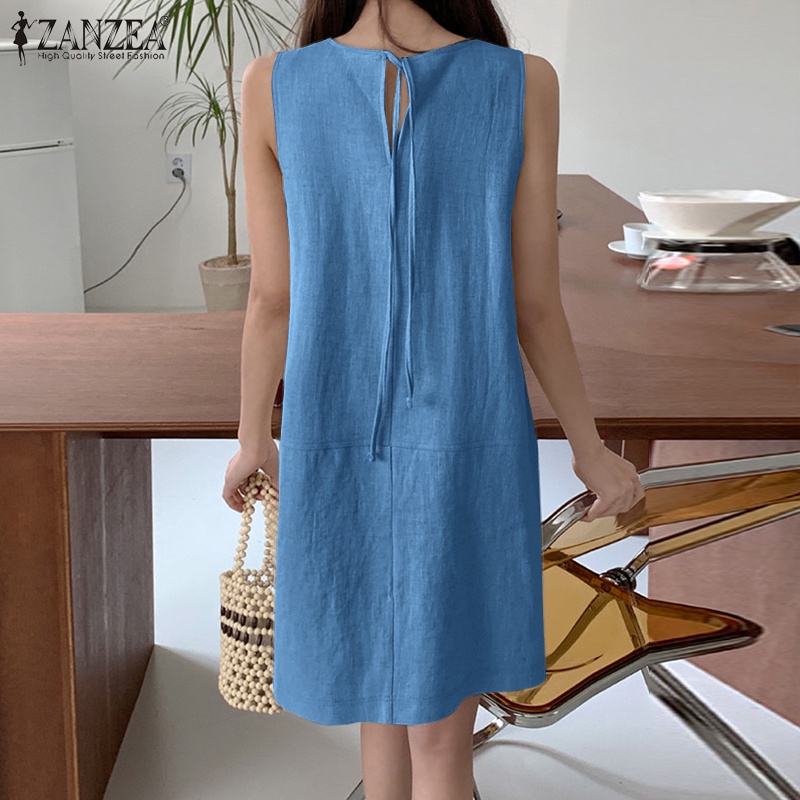 Đầm ngắn ZANZEA không tay cổ tròn màu trơn có túi sau lưng thời trang cho nữ