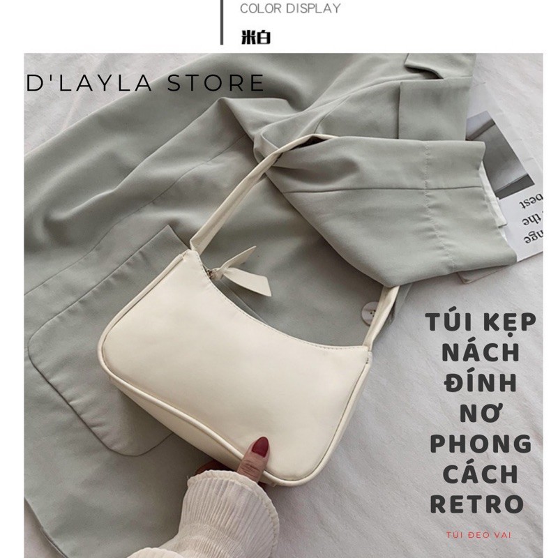 Túi kẹp nách giá rẻ, túi đeo vai đính nơ D'layla phong cách Retro size 22,5cm chất da Pu trơn mềm không nổ