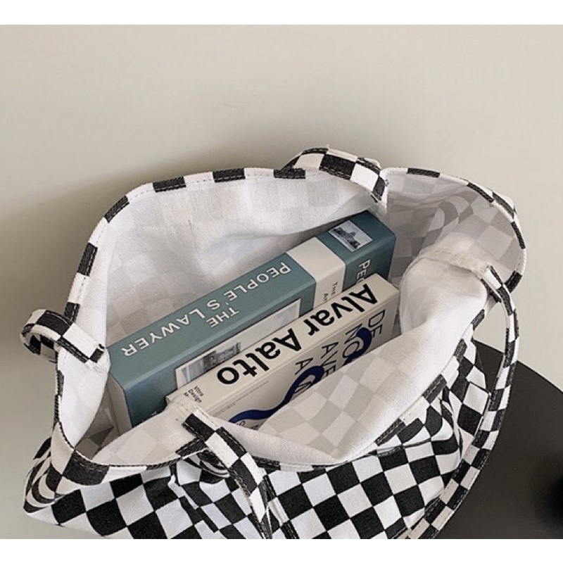 Túi checked tote caro unisex (có sẵn)