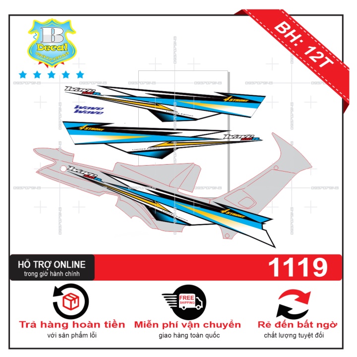 FREE SHIP + SALE SỐC +DECAL PVC 5 LỚP CHẤT LƯỢNG CAO Tem rời wave nhỏ đời đầu 100 R dán xe bạc