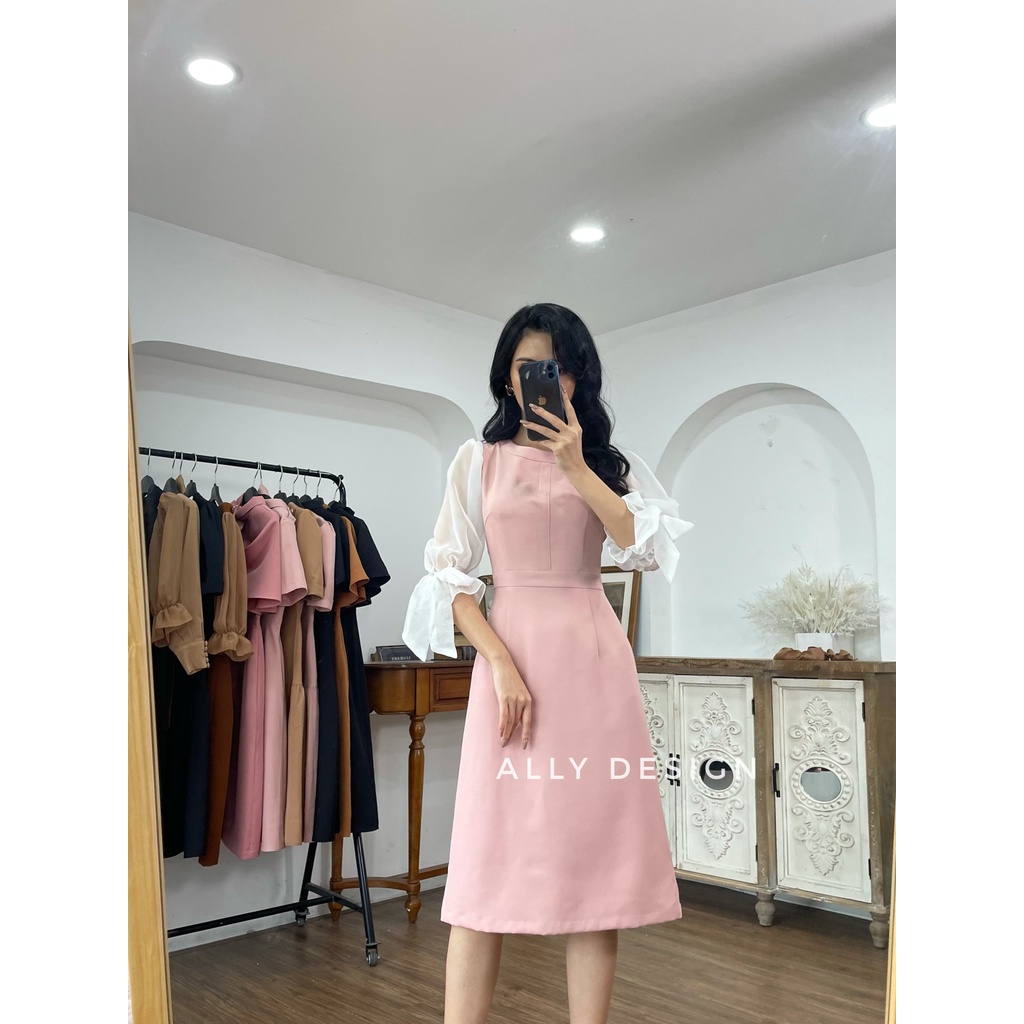 Váy công sở nữ đẹp phối tay kiểu dáng trẻ trung tay lỡ