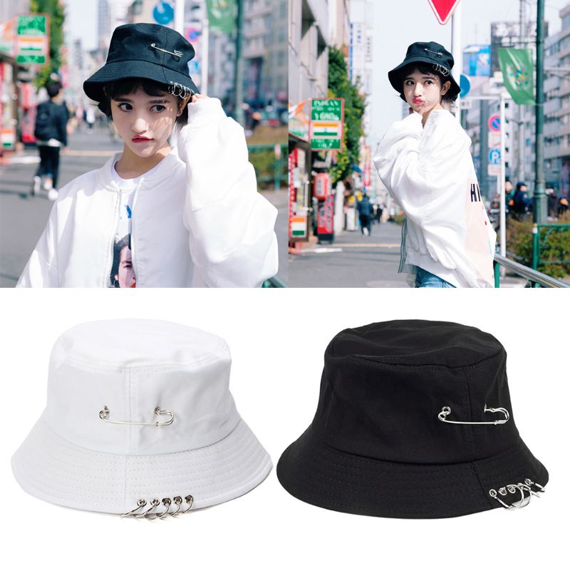 Xiangbao Mũ Bucket Chống Nắng Đi Biển Mùa Hè Màu Trơn Phối Vòng Kim Loại Phong Cách Hip Hop Đường Phố