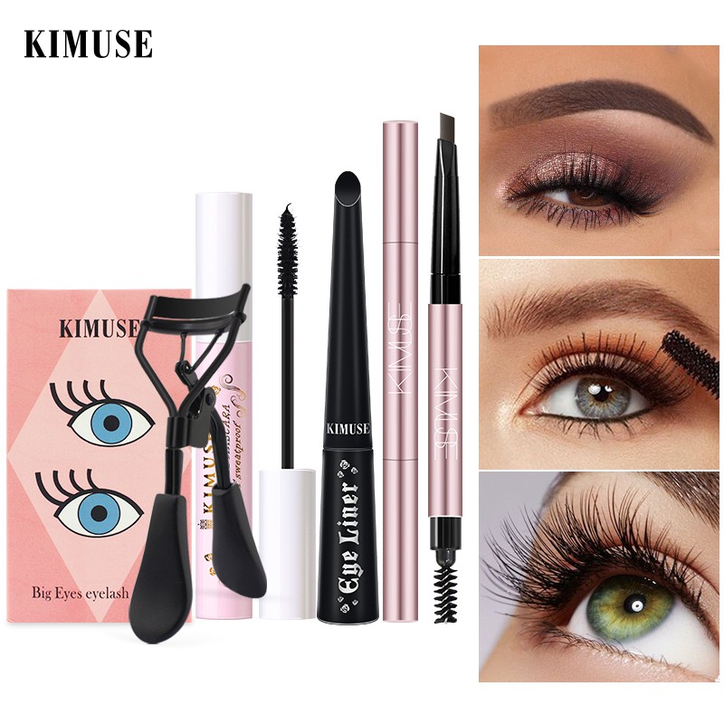 Bộ 4 Món KIMUSE Gồm Bút Kẻ Mày 2 Đầu Chống Nước + Mascara Dày Mi + Bút Kẻ Mắt Dạng Lỏng + Dụng Cụ Bấm Cong Lông Mi 110g