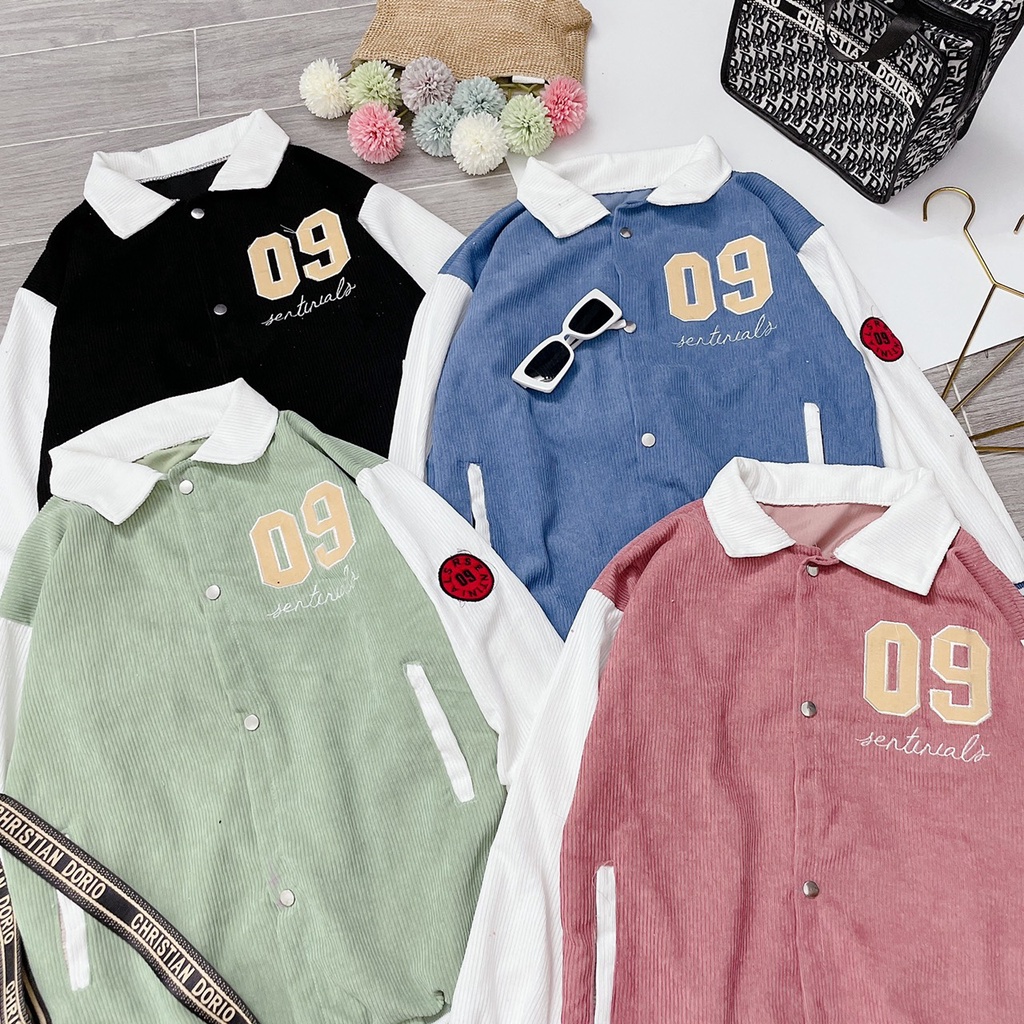 Áo Khoác Nhung Tăm Số 09 ❤ Áo Bomber Polo Cúc Bấm Dáng Rộng Nam Nữ