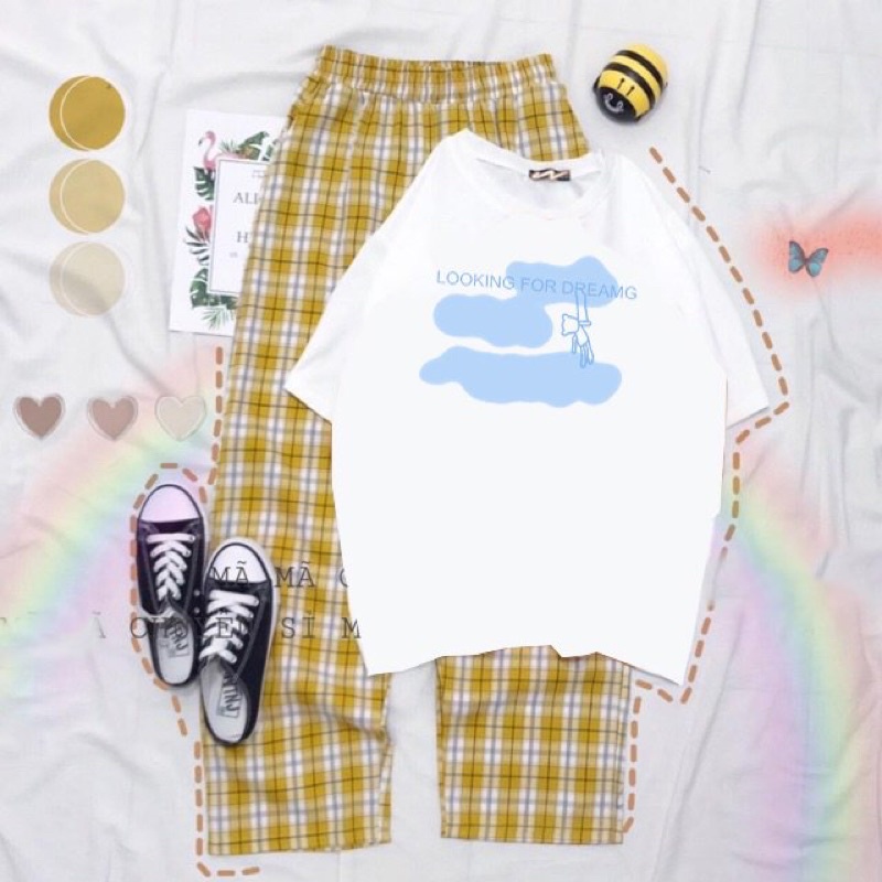 Sét áo mây look + quần kẻ🍃Áo phông chất cotton mềm nịn🍃form thụng tay lỡ in hình 3d rõ nét🍃quần kẻ chất thô mền