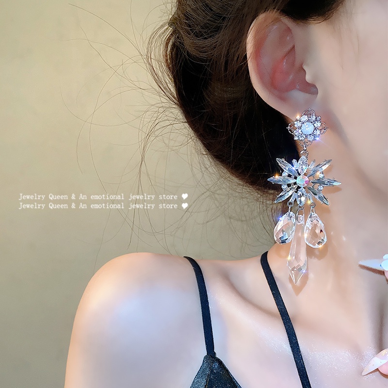 Bông Tai Mạ Bạc 925 Dáng Dài Hình Hoa Đính Đá Sang Trọng Thời Trang Cho Nữ