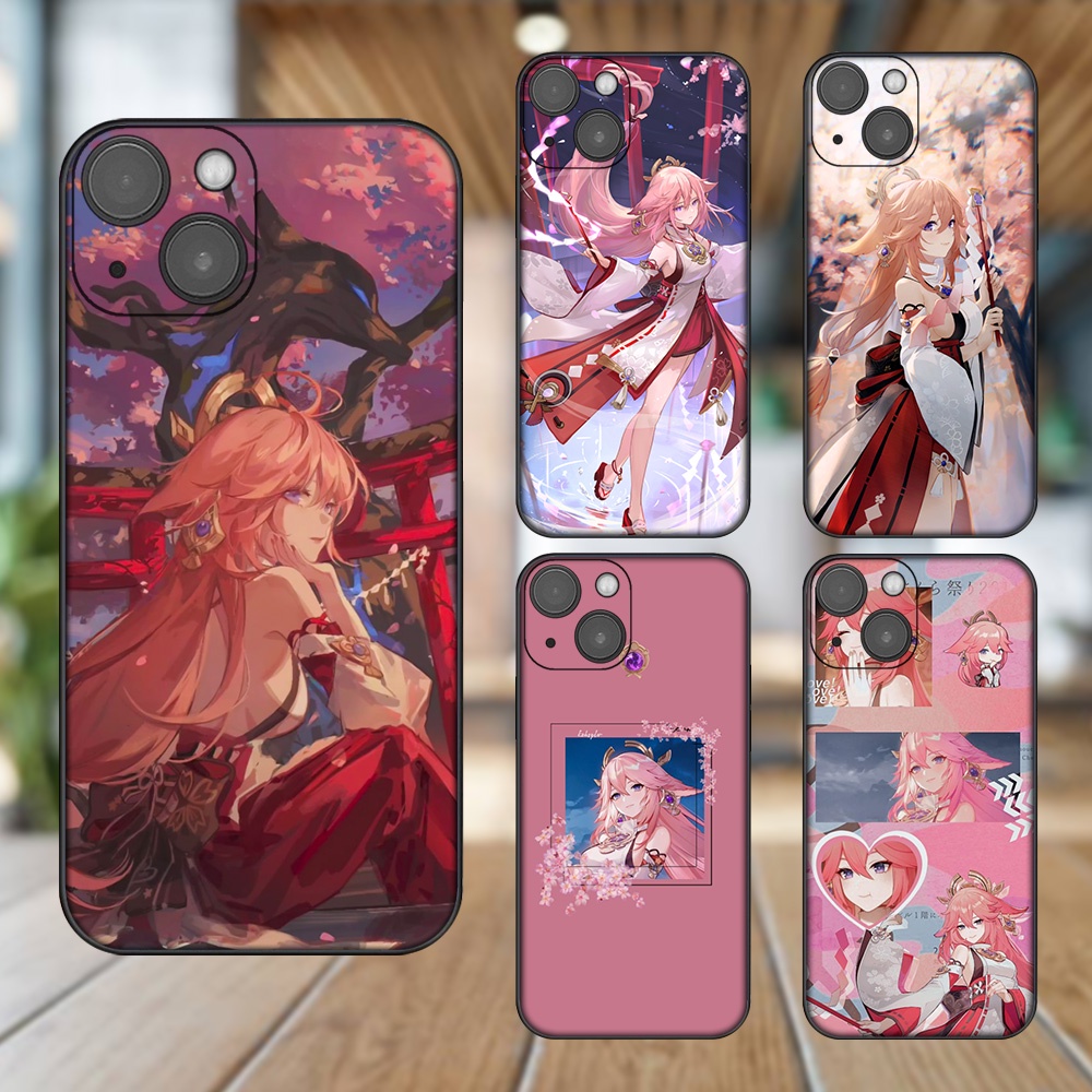 Ốp lưng iPhone 13 dẻo đen cạnh vuông in hình Yae Miko Genshin Impact
