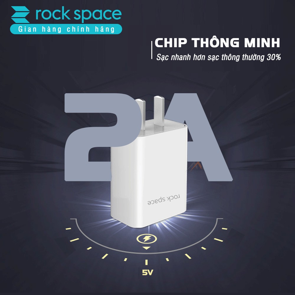 Củ sạc nhanh Rockspace T6 plus 2A 1 cổng USB dành cho iPhone, Samsung, Huawei, Vsmart,Oppo, iPad, máy tính bảng