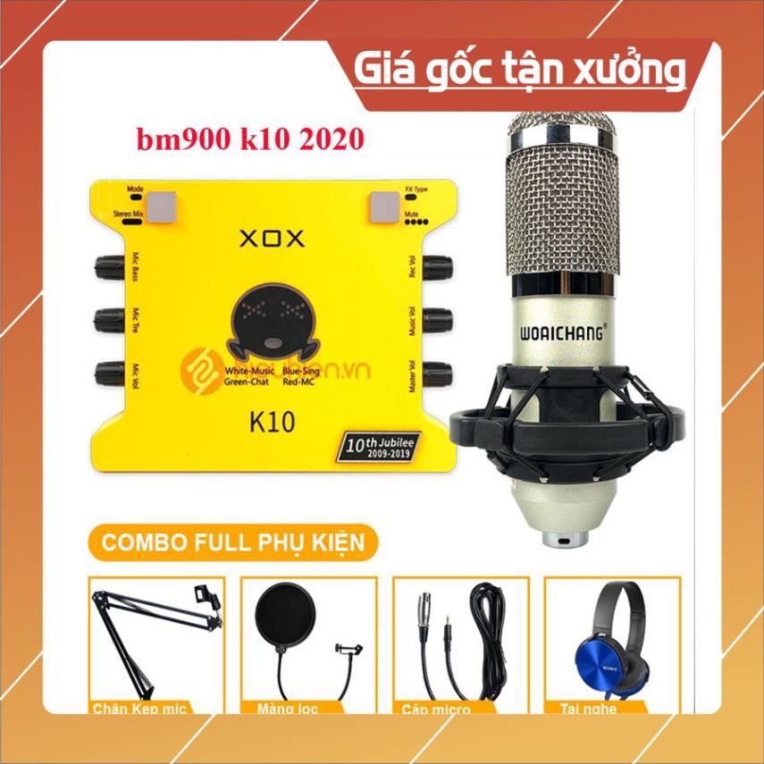 Combo Thu Âm Livestream Mic BM900 Sound Card XOX K10 2020 bản tiếng anh Chân Kẹp Màng Lọc Tai Nghe