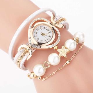 Đồng Hồ Đeo Tay Dây Da Đính Đá Phối Hạt Ngọc Trai Giả Duyên Dáng