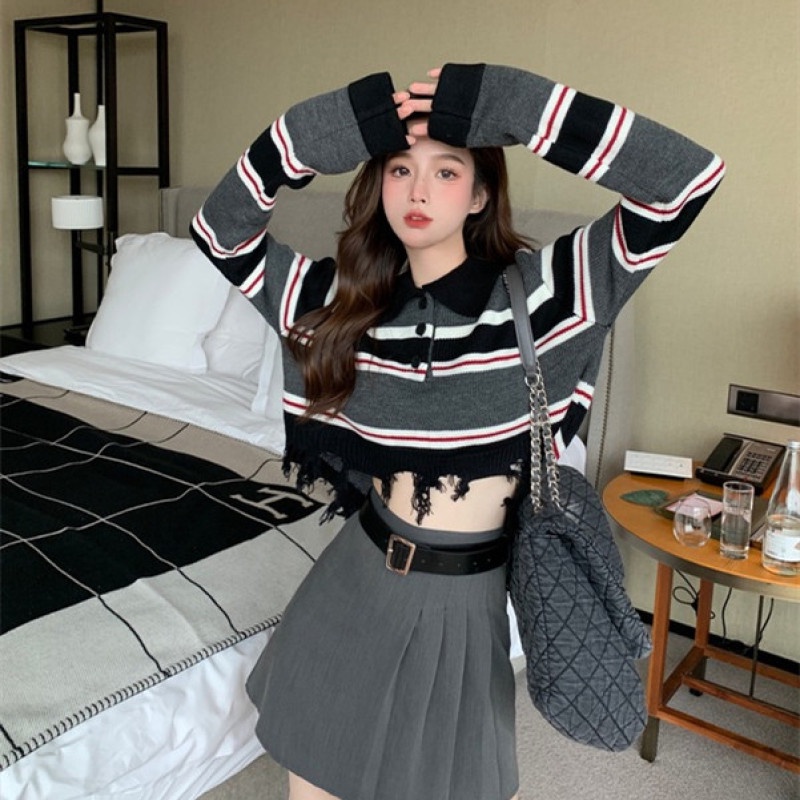 Áo Sweater Cổ polo Tay Dài Họa Tiết Kẻ Sọc Màu Sắc Tương Phản Thời Trang Mùa Thu Dễ Phối Đồ Cho