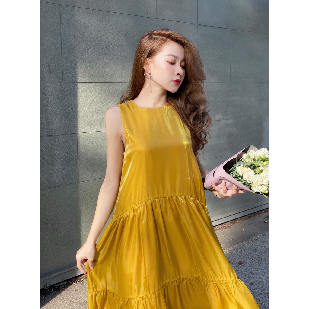 Đầm maxi suông dáng dài thiết kế tầng sang chảnh cao cấp lụa organza vàng/ cafe Joven | BigBuy360 - bigbuy360.vn