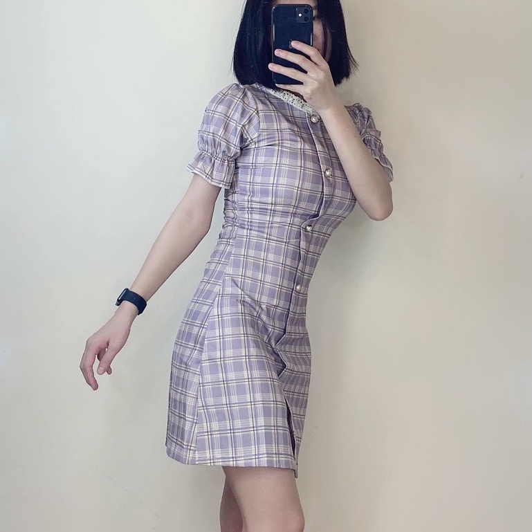 Đầm ôm body dự tiệc sang chảnh, đầm caro cổ ren nút ngọc, váy đầm xinh