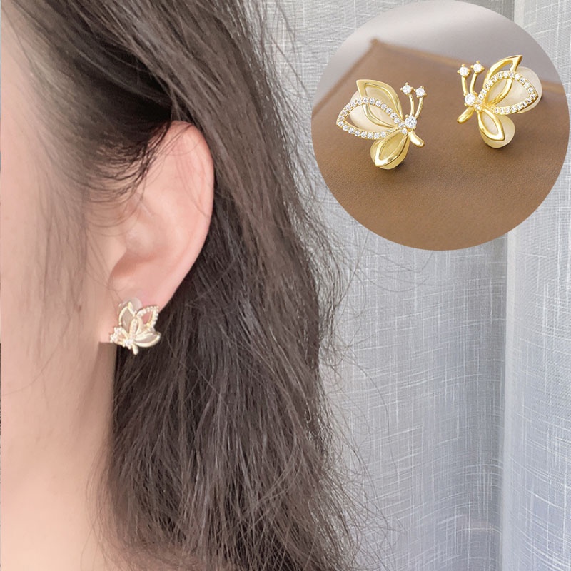 Bông Tai Mạ Bạc 925 Hình Bướm Mắt Mèo Thời Trang Hàn Quốc Cho Nữ