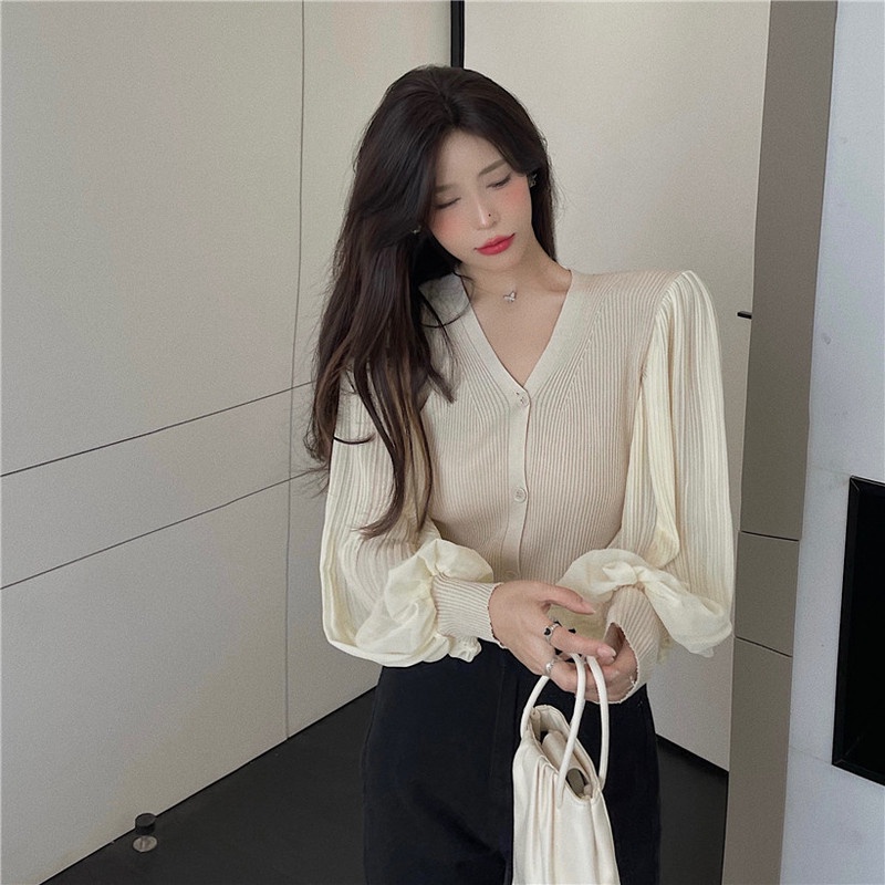 Áo Cardigan Dệt Kim Cổ Chữ V Tay Phồng Dáng Ôm Thời Trang Mùa Thu Hàng Mới Dành Cho Bạn Nữ 2021