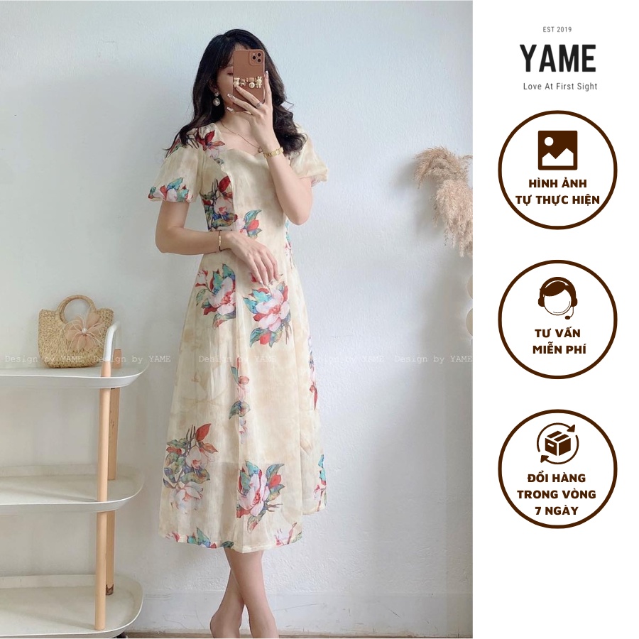 Váy đầm hoa nữ ngắn tay dáng dài cổ vuông tay bồng có lót lụa mềm màu be Savana YAME