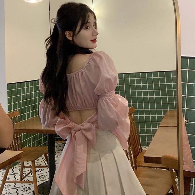 Áo Croptop Cổ Vuông Nhún Tay Nơ Lưng A5236