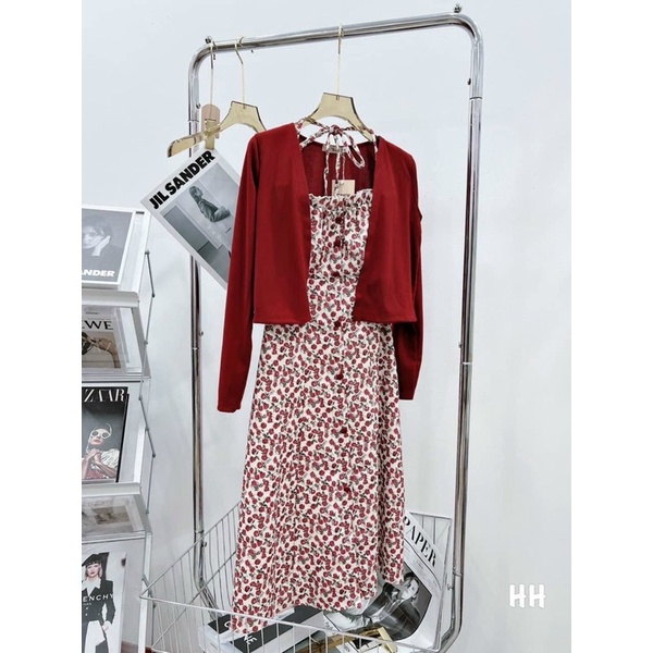 SALE TÉT-Set đầm 2 dây hoa nhí kèm áo khoác đỏ-hàng thiết kế