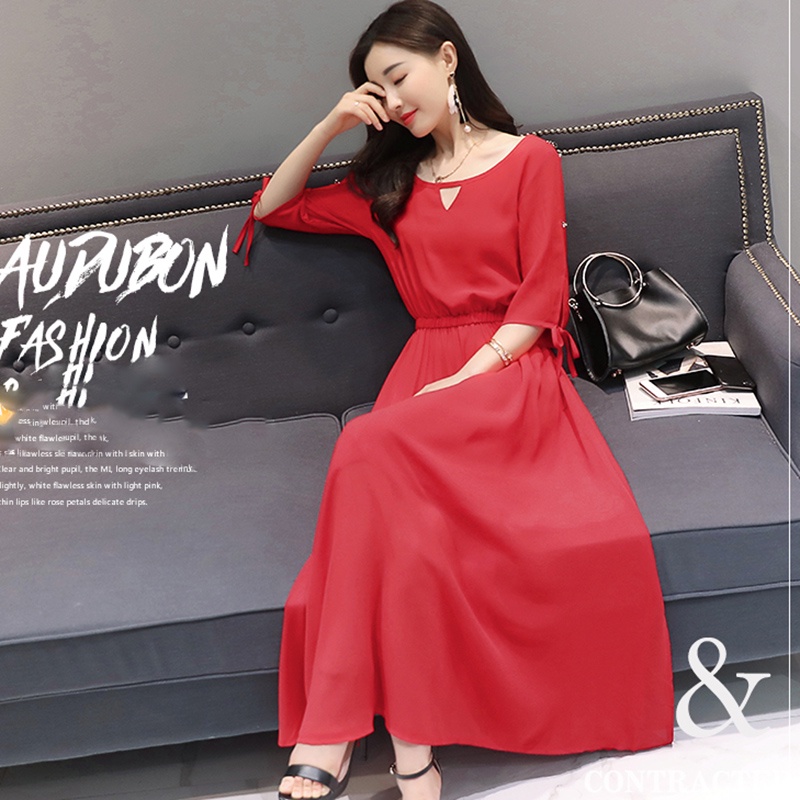 IELGY Đầm Chiffon Dáng Rộng Tay Ngắn Màu Trơn Xẻ Tà Thời Trang Cho Nữ