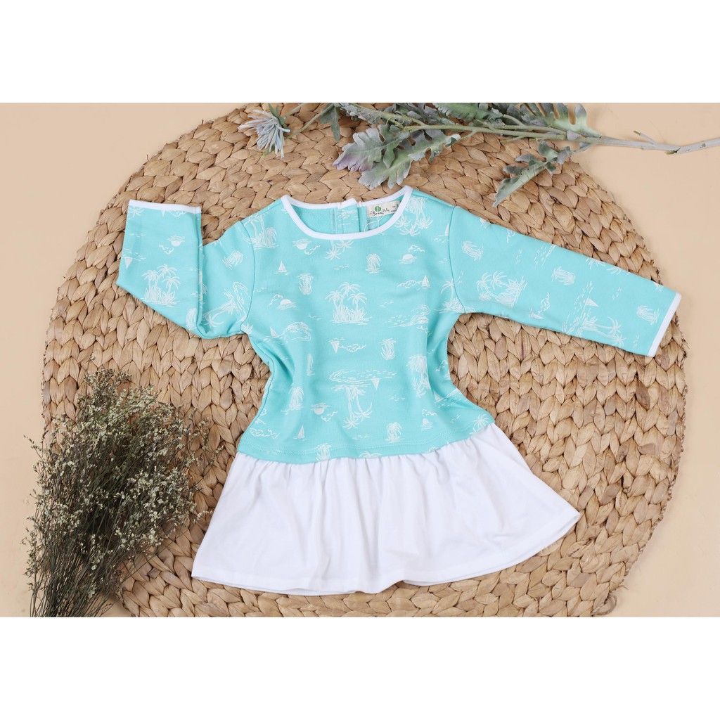 Váy nỉ da cá thu đông phối cotton dài tay họa tiết bé gái size 8-12T, cho bạn từ 23-32kg. Chất nỉ da cá dày dặn