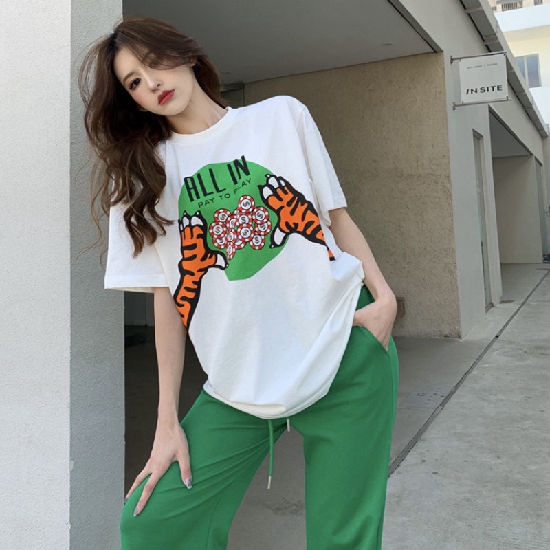 Áo Thun Tay Ngắn Cổ Tròn Dáng Rộng In Hình Móng Vuốt Hổ Thời Trang Mùa Hè