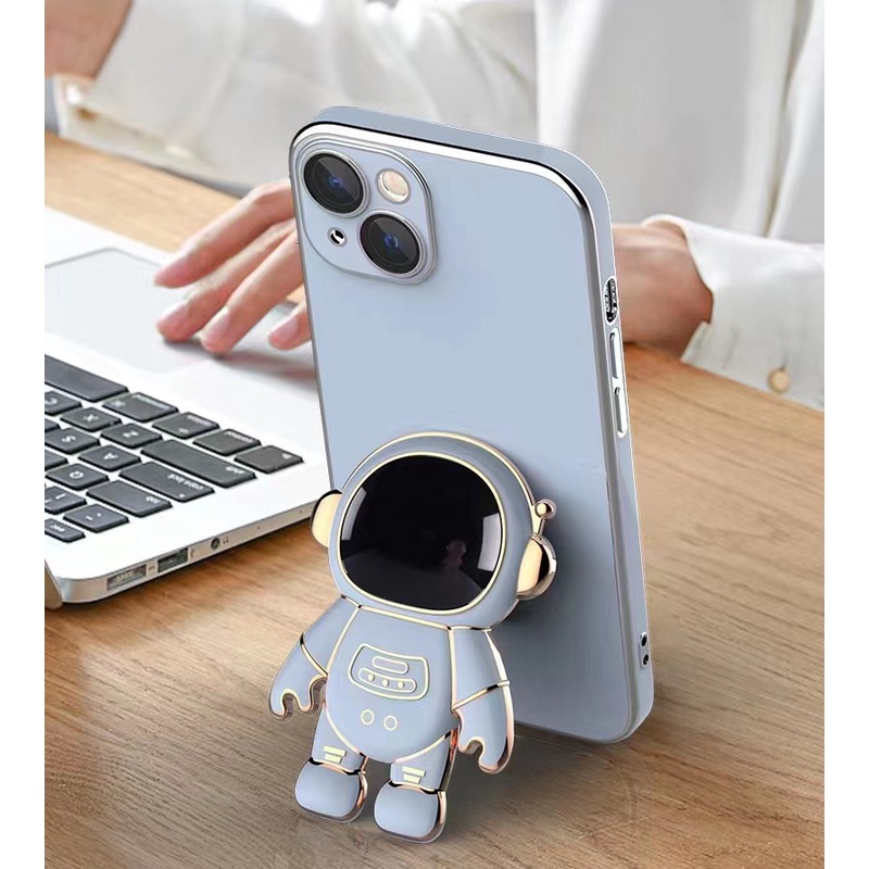 Ốp Điện Thoại Dẻo Vuông Mạ Màu Có Giá Đỡ Hình Phi Hành Gia Cho iPhone 14 13 12 11 Pro Max iPhone X XS XR Max 14 Plus