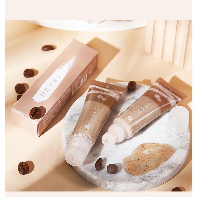 Tẩy da chết môi HEYXI Cafe 15G với Vitamin E, Bơ Hạt Mỡ, Cafe làm môi mềm mượt, hồng hào A256