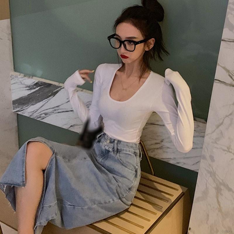 Áo cổ chữ U tay dài màu trơn phong cách Hàn Quốc trẻ trung cho nữ