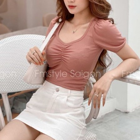 Áo Croptop Cổ V Nhún Ngực Bo Tay Chất Gân Tăm Mềm Laca Store L19-1