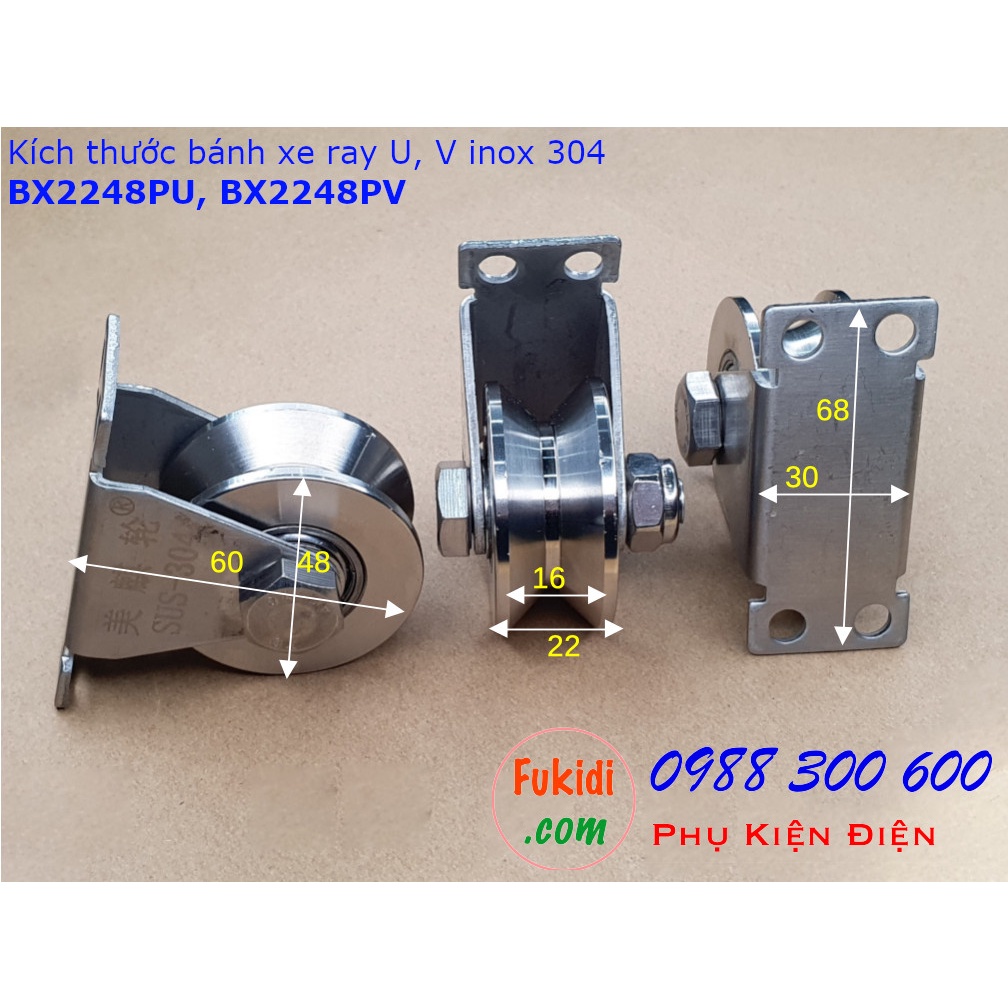 Bánh xe cửa cổng lùa inox 304 có đế treo ray V size 22x48mm BX2248PV