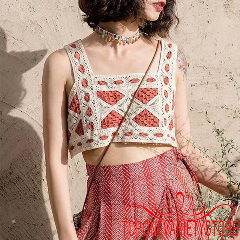 Áo Croptop Sát Nách Cổ Vuông Phong Cách Bohemian Quyến Rũ Dành Cho Nữ
