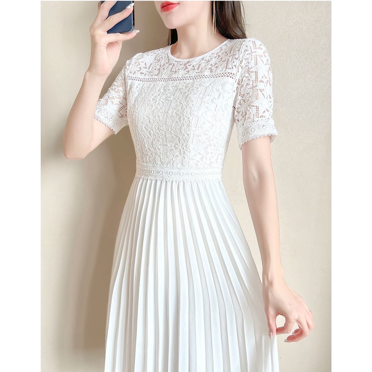 Đầm Chiffon Ngắn Tay Cổ Tròn Phối Ren Lưới Màu Trắng Thời Trang Cao Cấp Phong Cách Mới