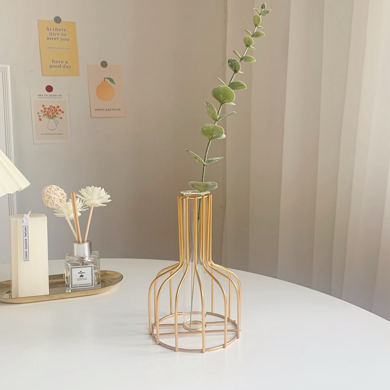 Bình Hoa Thủy Tinh Khung Sắt Màu Vàng Phong Cách Bắc Âu Độc Đáo Trang Trí Nhà Cửa