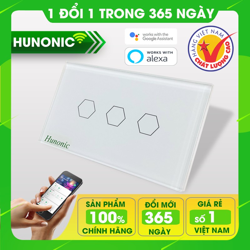CÔNG TẮC CẢM ỨNG WIFI HUNONIC 3 NÚT TRẮNG│Điều khiển từ xa qua điện thoại│Công tắc điện thông minh cao cấp hàng Việt Nam