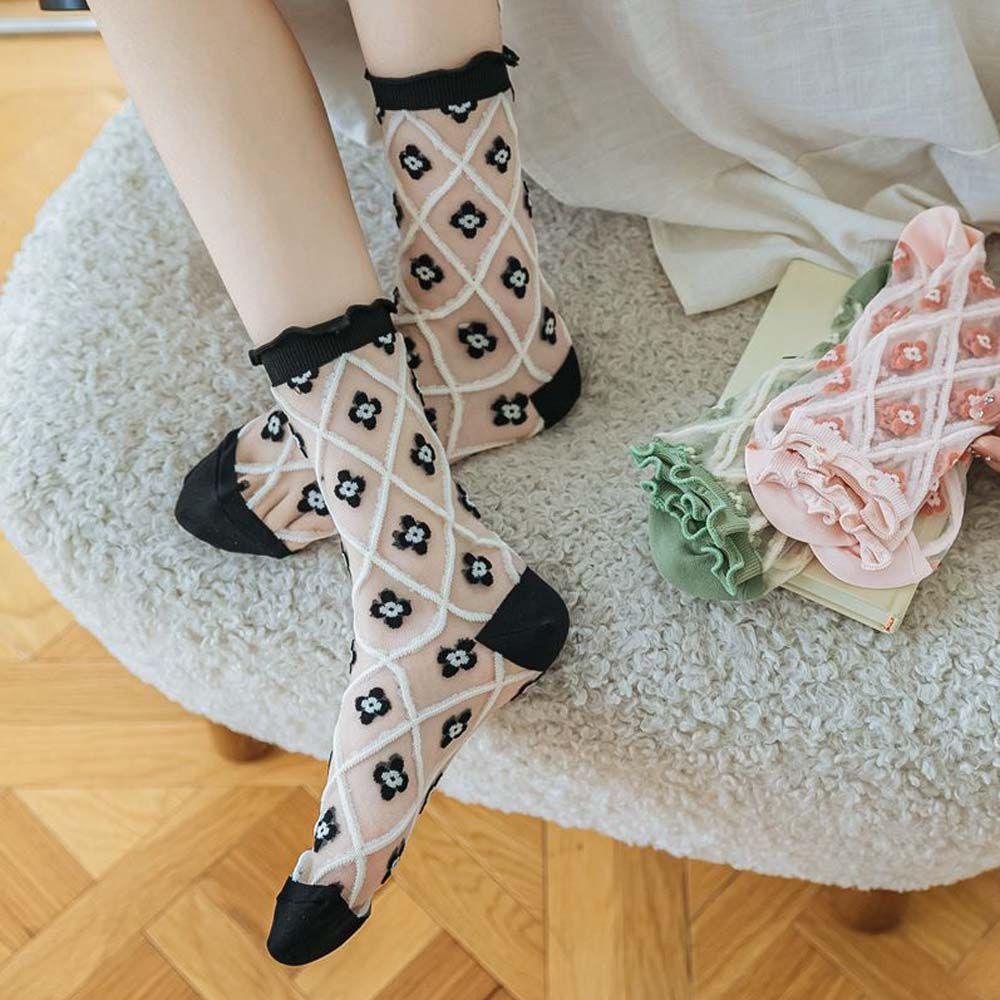 BACK2LIFE Kính Tất Lụa Siêu Mỏng Xuyên Thấu Phối Ren Hoa Xinh Xắn