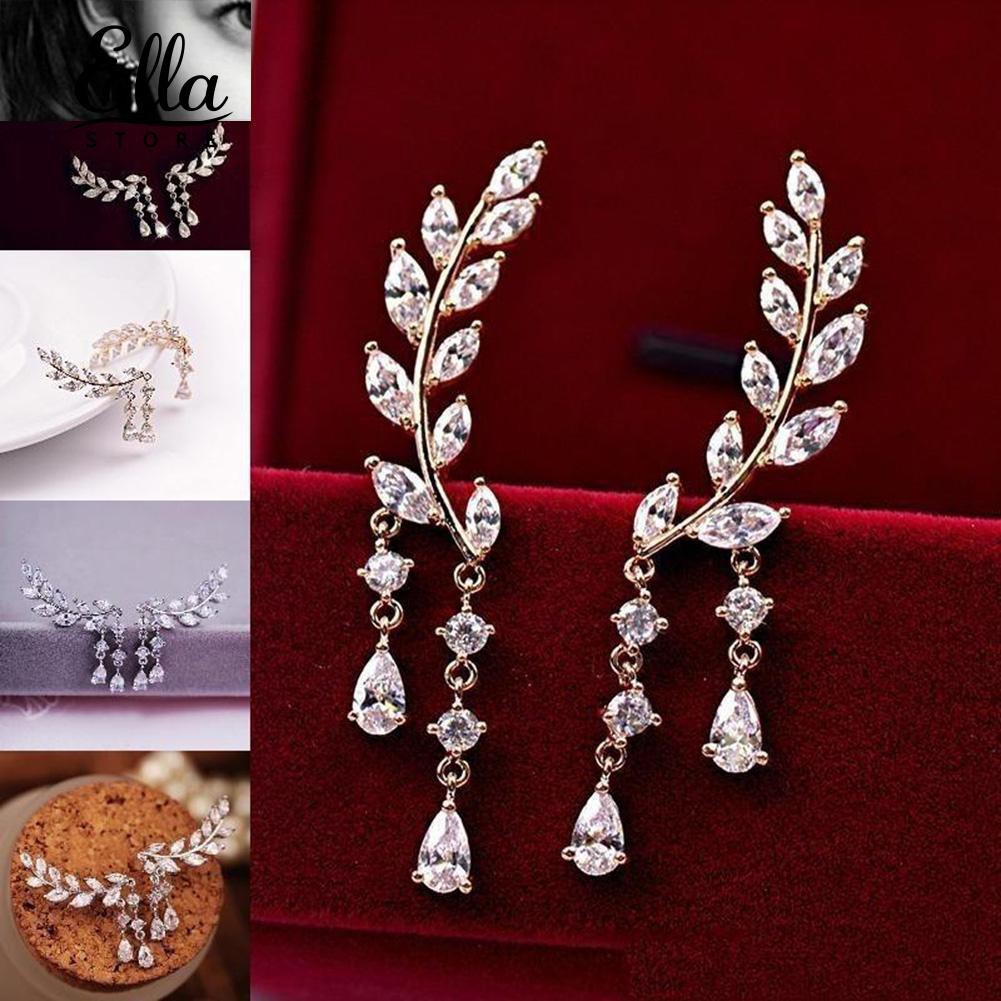 Ellastore Shiny Rhinestone Inlaid Leaves Shape Tassel Ear Stud lady Earring