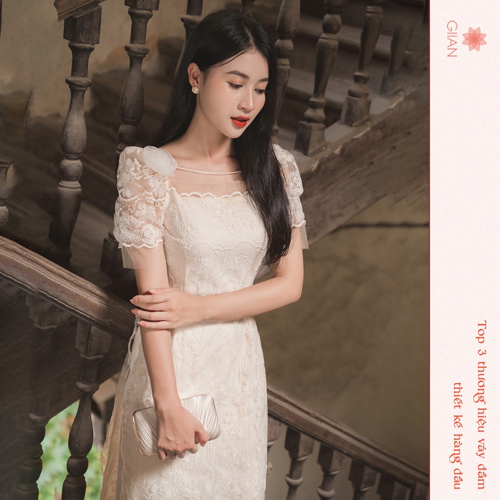 Áo dài cách tân be phối ren, điểm nhấn hoa vai siêu xinh - Thời trang Giian - AD0066