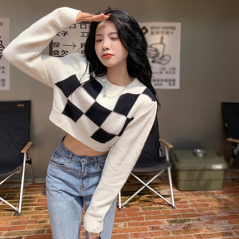 Áo Thun Dệt Kim Tay Dài Họa Tiết Caro Màu Sắc Tương Phản Phong Cách Hàn Quốc Cho Nữ | BigBuy360 - bigbuy360.vn