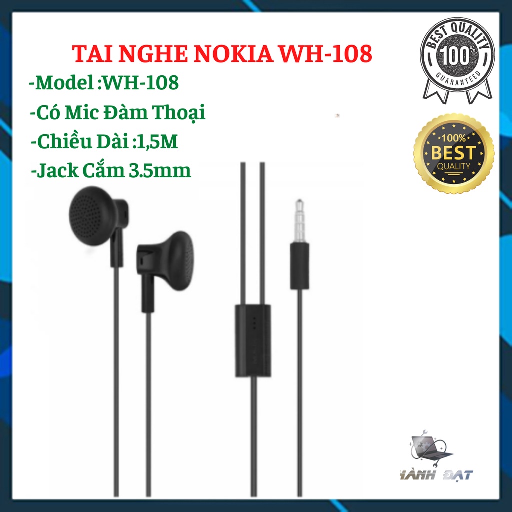 Tai Nghe Nokia 3.5mm WH-108/Củ Nokia 5v-1A,5V-550mA,cáp sạc micro Zin Chính Hãng hàng bóc máy