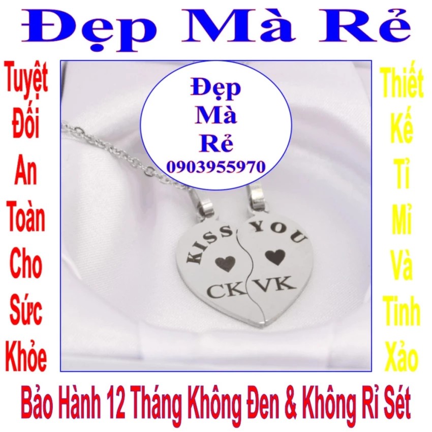 Dây chuyền cặp hình trái tim 2 mảnh ghép tim khắc chữ CK / VK và chữ KISS YOU - Giá bán trên = 2 sợi