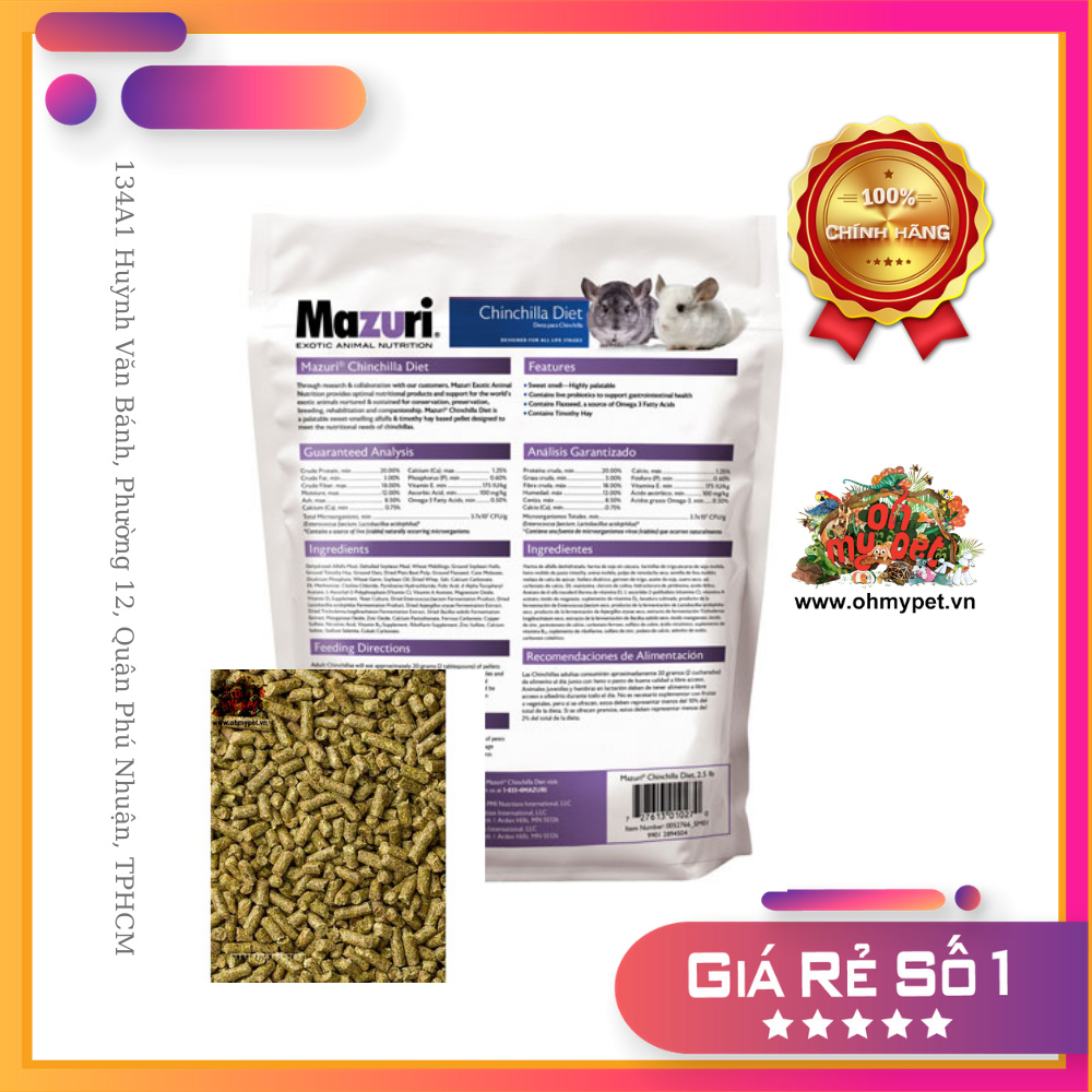 Thức ăn cho Chinchilla Mazuri  500g  cung cấp chất xơ, men vi sinh sống hỗ trợ tiêu hoá