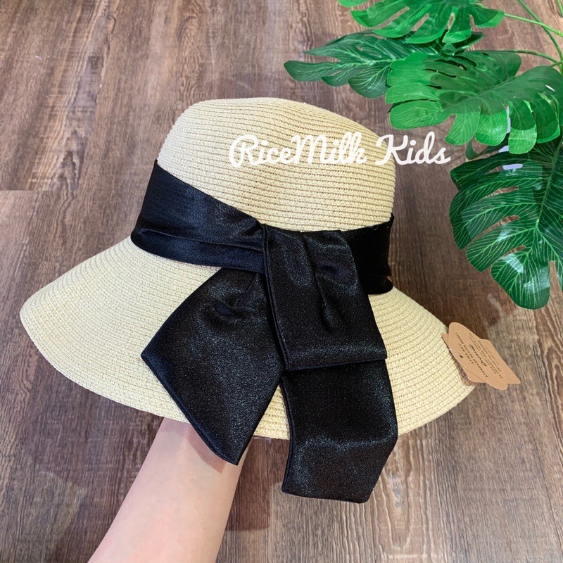 Mũ Cói dây nơ đen Xuất Nhật dư xịn cho Nữ
