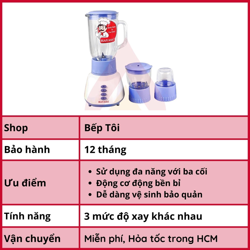 Máy xay sinh tố cối thủy tinh, máy xay đa năng dao thép không gỉ công suất 350W Hayasa HA-0181