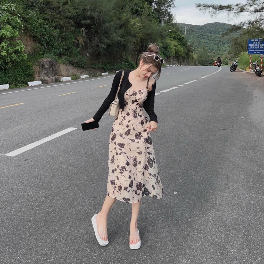 Đầm maxi hoa hai dây vải lụa dày dặn kèm áo khoác len tăm - đầm tiểu thư hoa nhí maxi dễ thương