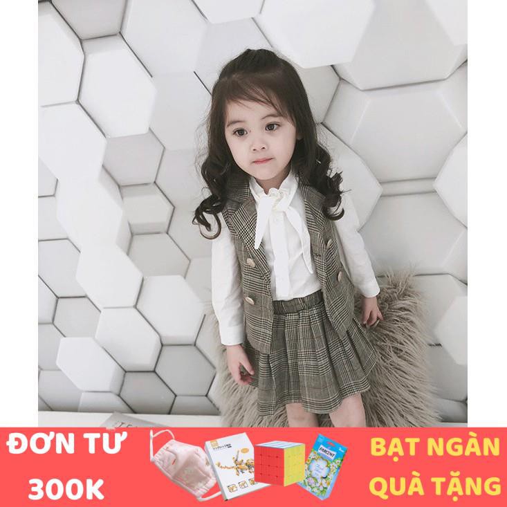 Set đồ cho bé gái - Áo sơ mi trắng nơ, chân váy và vest caro nâu Smartkids TE1947