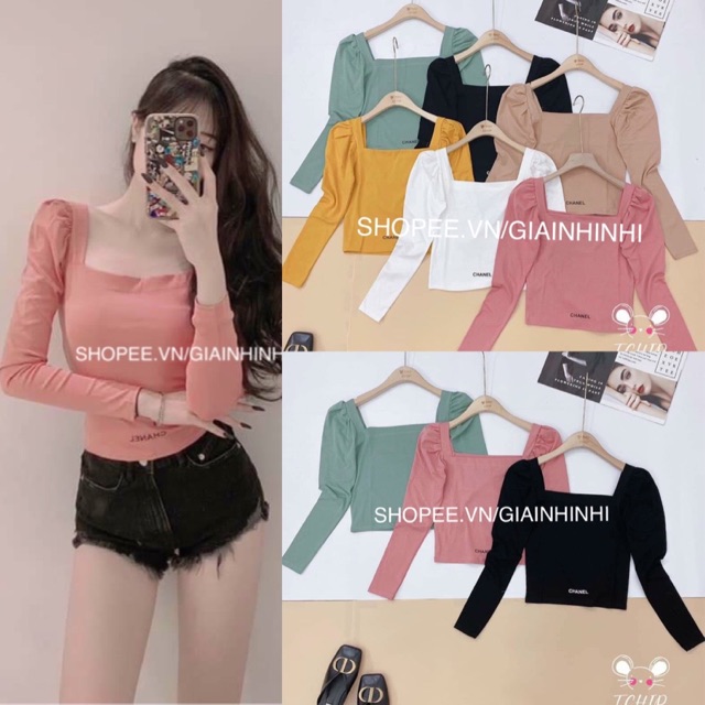 Áo phông thêu chữ CN, Áo thun cổ vuông bồng vai tay dài CS1167 - NhiNhiShop | BigBuy360 - bigbuy360.vn