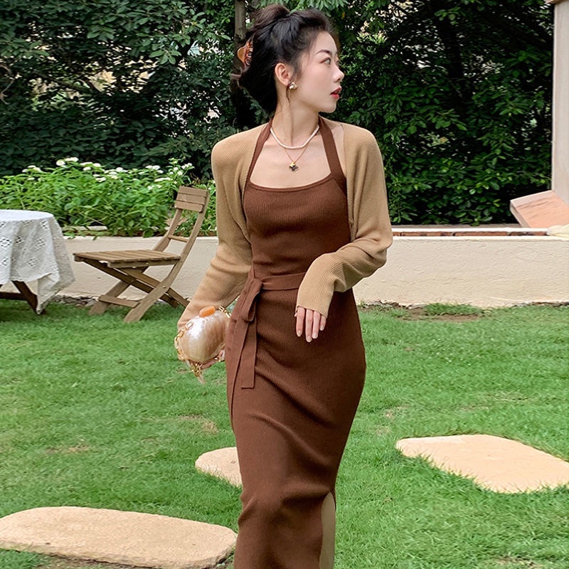 Set Đầm Ôm Dáng + Áo Khoác Cardigan Dệt Kim Mỏng Phong Cách Retro Thời Trang Mùa Thu Cho Nữ