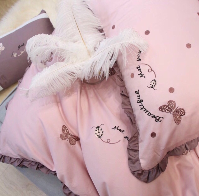 Set chăn ga Lụa bướm thêu cao cấp, hàng 6 món.