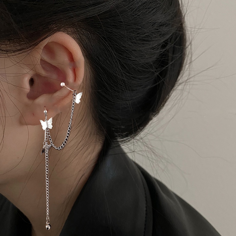 Khuyên tai IF YOU màu vàng/bạc dạng kẹp đính pha lê ngọc trai giả hình bướm phối tua rua thời trang